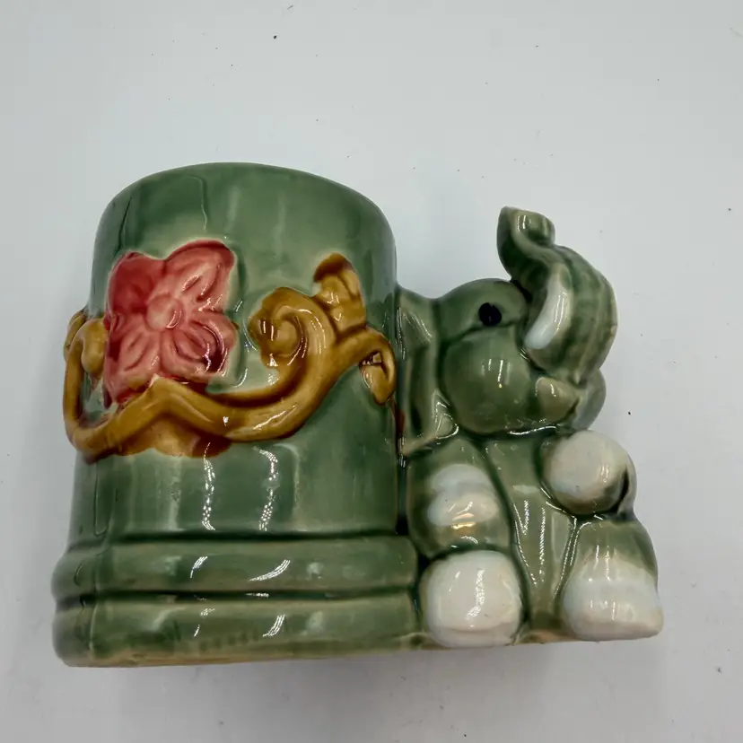 Vintage Majolica Lucky Elephant Green Ceramic Bamboo Planter Vase