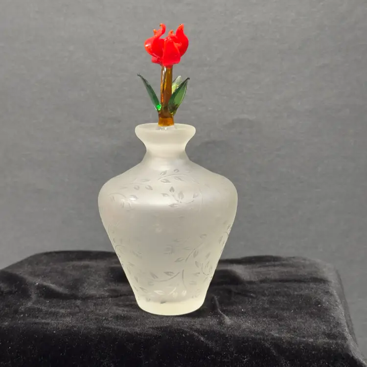 #1439 Vintage, Royal Limited Crystal Perfume Bottle, Frosted White etched leaf pattern with UV glow red glass flowers with amber and green leaves Perfume Bottle