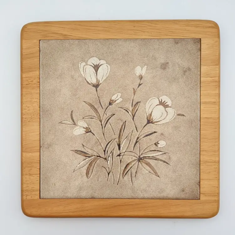 Vtg White Floral Ceramic Tile and Golden Wood Cutting Board Tray Server Trivet