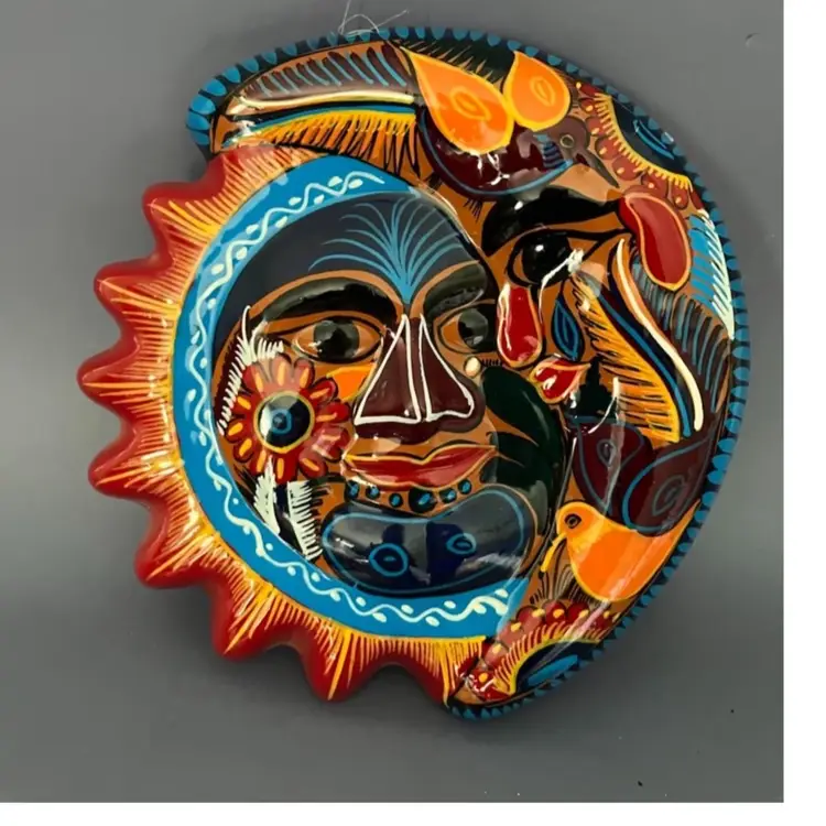 Moon and Sun ECLIPSE Mexican Folk Art Terracotta Plate Wall Decor 7”