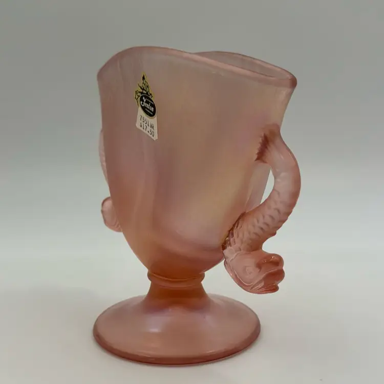 #01 Fenton Art Glass Vintage Pink Carnival Dolphin KOI Handles Fan Vase ORIGINAL Label
