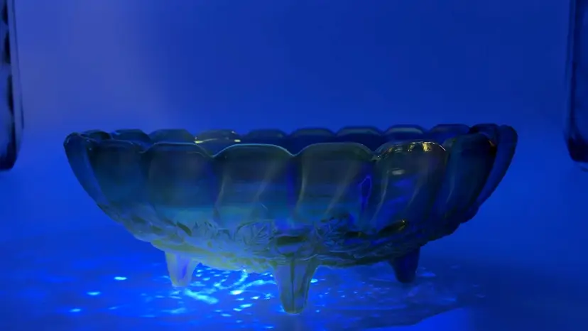 Indiana Glass Blue Carnival Harvest Grape Footed Bowl | Vintage 1970s *GLOWS*