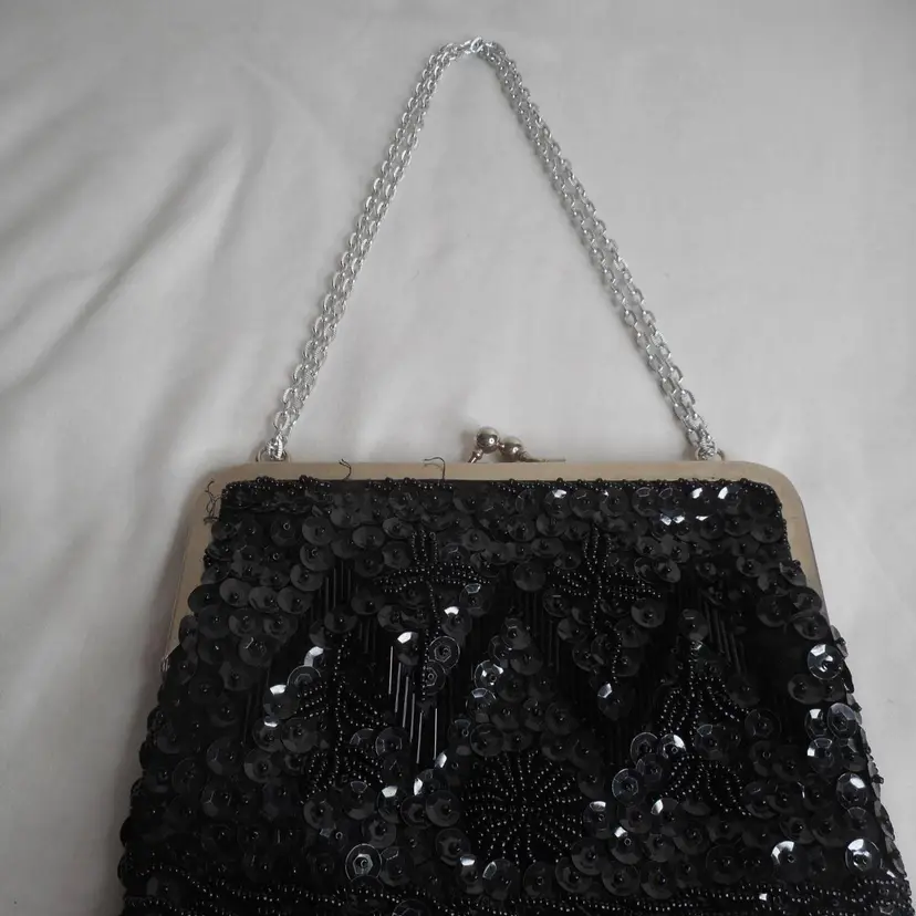 Vintage Hand Made Clutch Handbag Purse Black beaded sequin Estate Find
