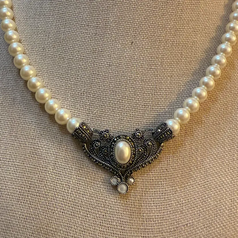 Vintage Judith Jack Sterling Silver Marcasite And Glass Pearls Choker Necklace 16” AS IS