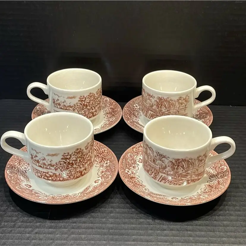 Set Of 4 Churchill England Small Coffee Mugs Teacups With 8 Saucers Brown Willow Scene