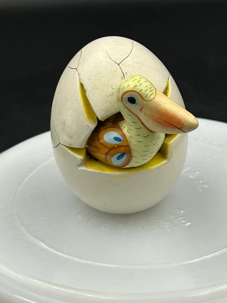 Hand Painted Colorful Pelican Bird Hatching From Cracked Egg Figurine Mexico