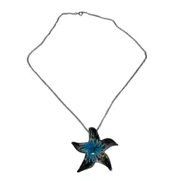 Handblown Starfish Pendant Necklace, Silver Tone Chain 18”
