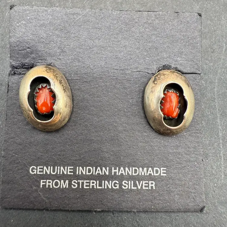 Native American Coral And Sterling Silver Clip On Earrings