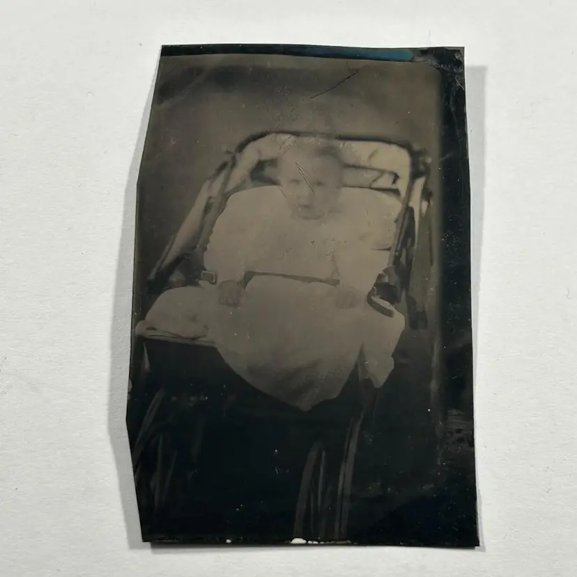 Tintype Baby in Antique Stroller White Outfit Infant