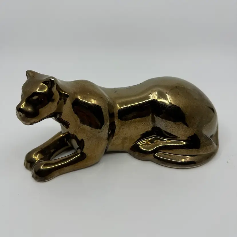 Vintage 1960’s Gold Bronze Tone Ceramic Reclining Panther Figurine Artist Signed