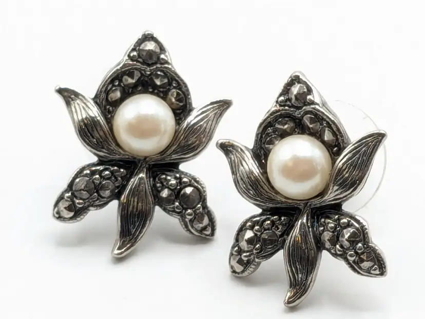 Vintage Avon Orchid Pierced Earrings with Faux Pearl Marcasite Silver Tone 1992