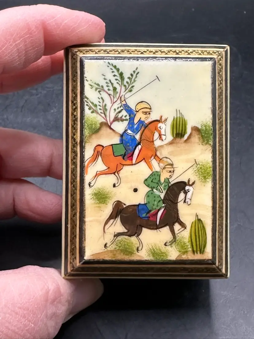 Persian Khatam Marquetry Wood Trinket Box, Hand Painted Hunting