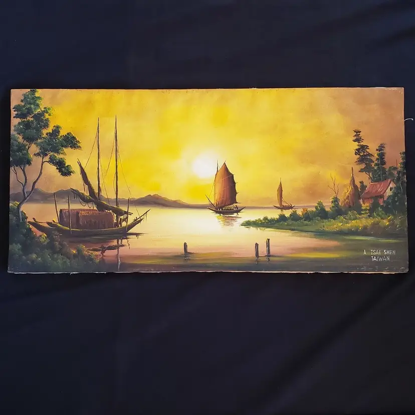 Painting A TSAI SHEN Signed Fishing Sailboats Water & Landscape at Sunset - Taiwan