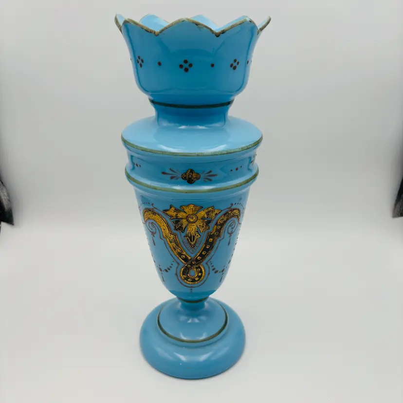 Antique Blue Opaline Glass Mantle Vase with Hand Painted Gold & Floral Accents