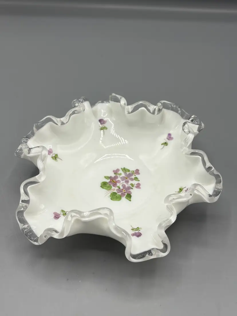 Vintage Fenton violets in the snow silver crest candy dish
