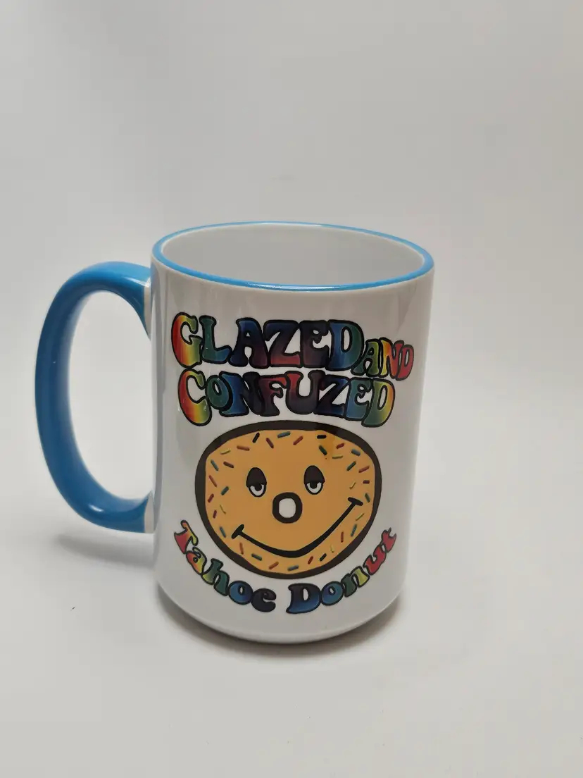 Glazed And Confuzed Tahoe Donut Coffee Mug Tea Cocoa Lake Tahoe Rainbow Kitch