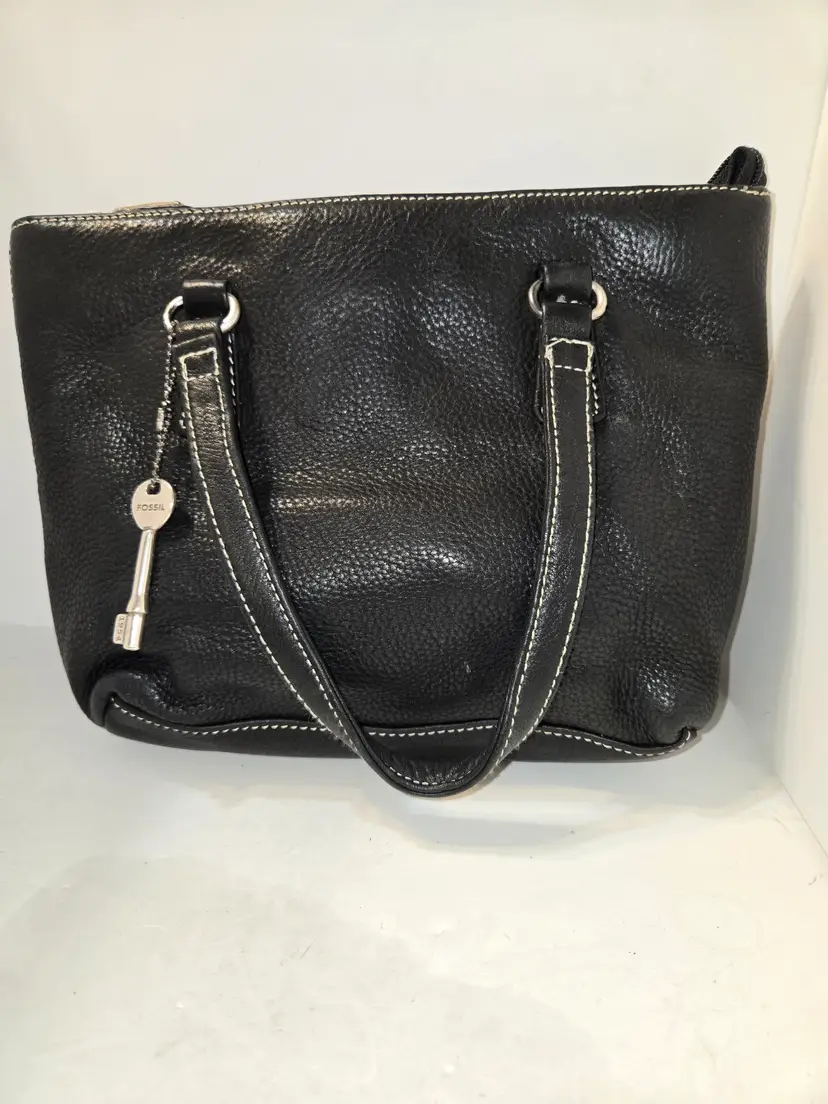 Black Leather Tote Handbag - White Contrast Stitching, Gold Hardware & Key Charm