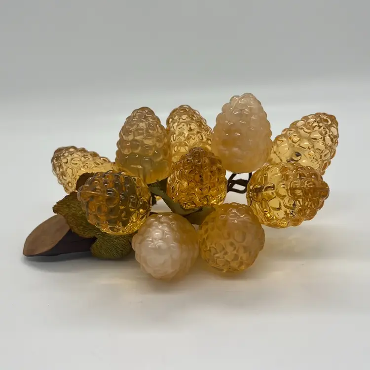 Vintage Honey Amber Pearl Lucite Berries Raspberry Blackberry Bunch On Wood Stem UV Glows