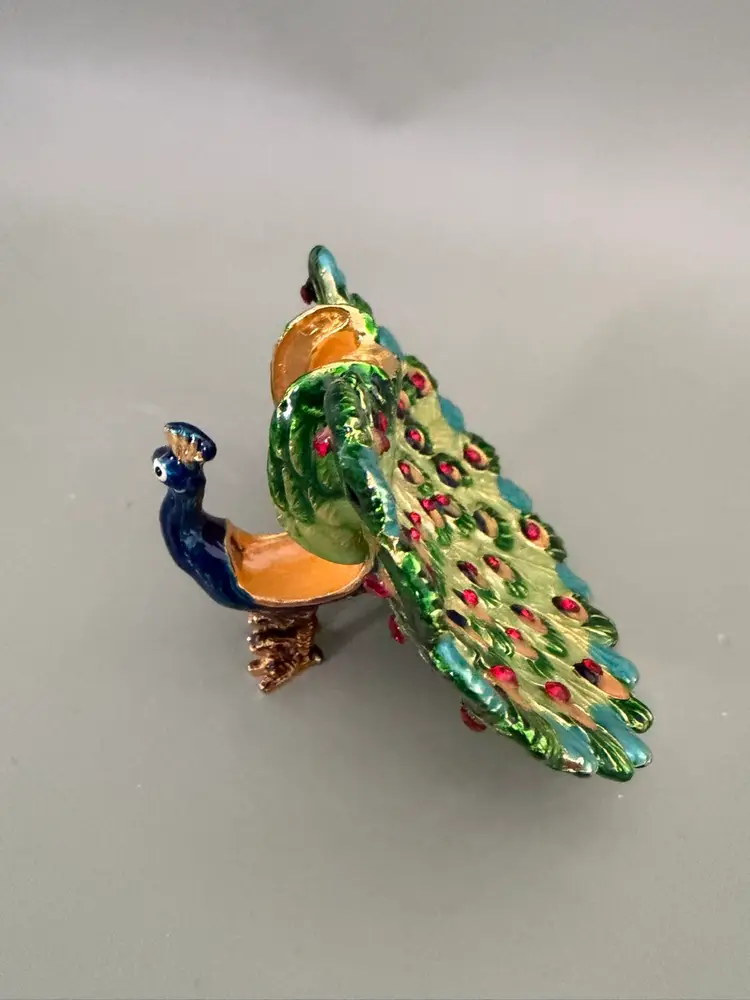 Vintage Jeweled Peacock Trinket Box | Enamel Bird Ring Box with Rhinestones (Blue)