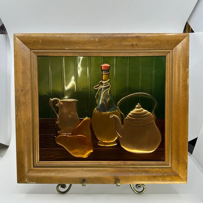 Vintage Dehl CopperCraft Embossed Picture Teapot in Wood Frame