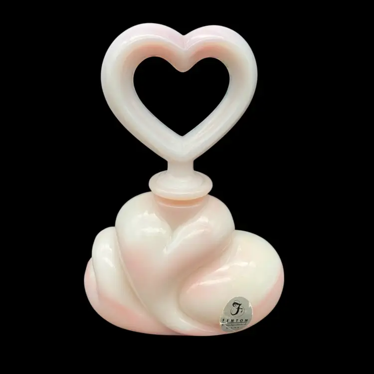 BIN - Fenton Pink Rosaline Hand Painted Art Glass Perfume Bottle With Heart Stopper 4.5”