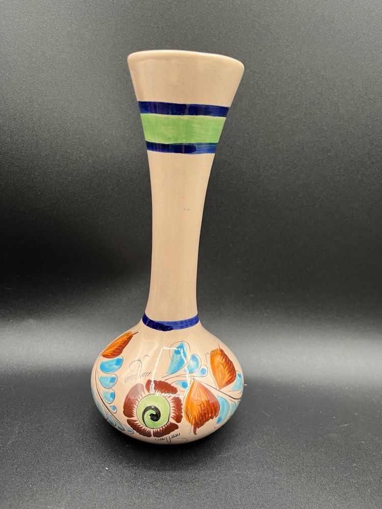 #34 Marked Fluted Tonala Mexican Folk Art Pottery Floral Vase 8.5”