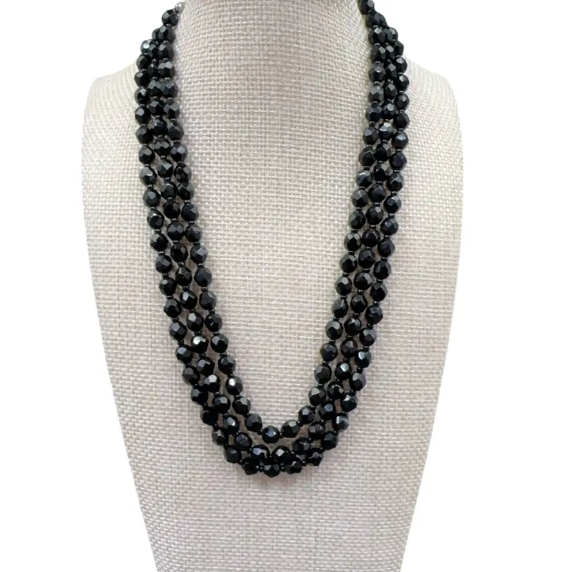 Vintage Black Crystal Beaded Necklace Three Strands With Beads In Between The Large Crystal Beads Lovely Necklace.