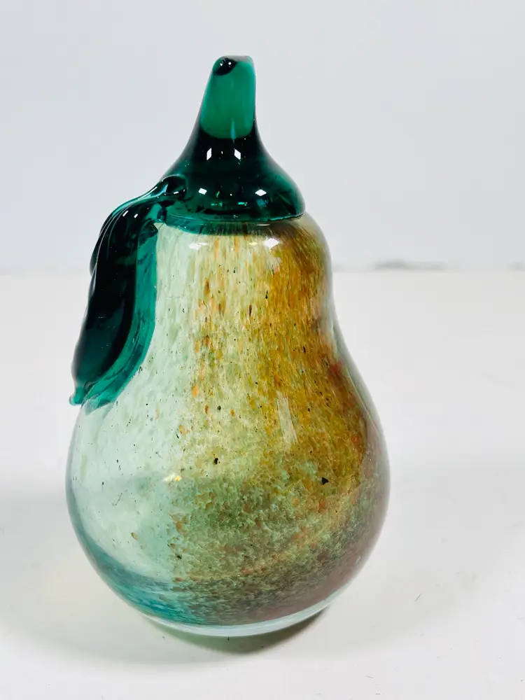 Vintage Hand Blown Glass Green Pear Paperweight Hollow Glass Art Sculpture Mint