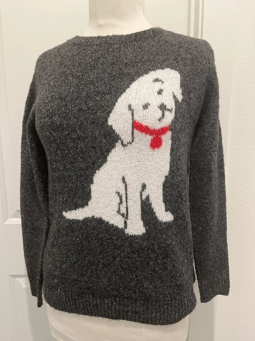 Cupcakes and Cashmere White Dog Red Bow Gray Pullover Sweater Womens Size XS