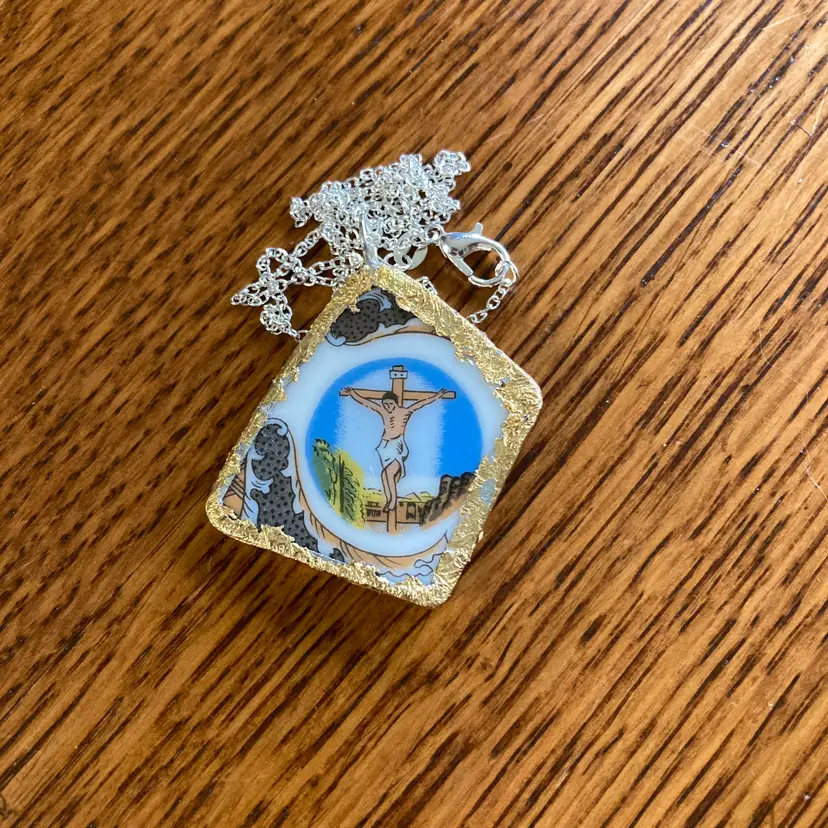 Broken Pottery Artisan Made Pendant Christian Religious Plate Handcrafted Necklace 1 in x 1 5/8 in