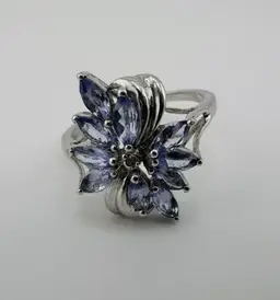 Iolite & Diamond 925 Sterling Silver Flower Prong-Set Marquise Gemstones Size 8 Ring 011R
