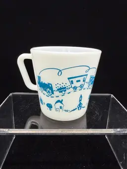 Vintage 1960s Pyrex Blue Train Childs Milk Glass Mug