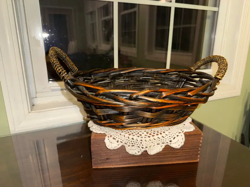 Large Primitive Rustic  dark brown Wicker Gathering Basket with Side handles