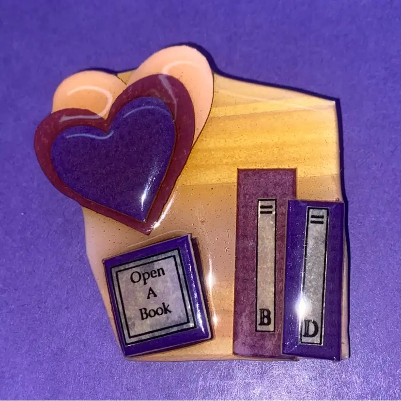 Book Pins By LUCINDA ~ ‘Open A Book’ ~ This Dimensional Brooch / Pin Features Three Books And A Triple Heart