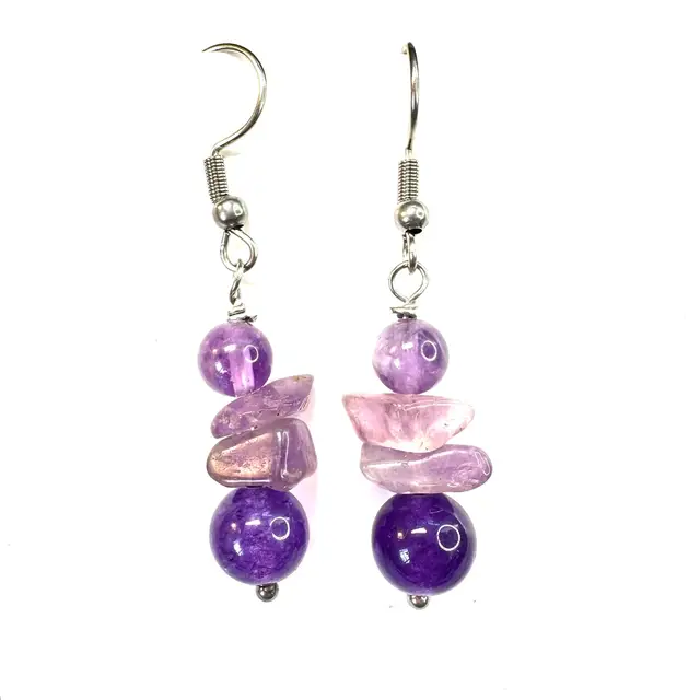Amethyst Stone Purple Beads Handmade Dangle Earrings Silver Tone 1.5” L Made By Me