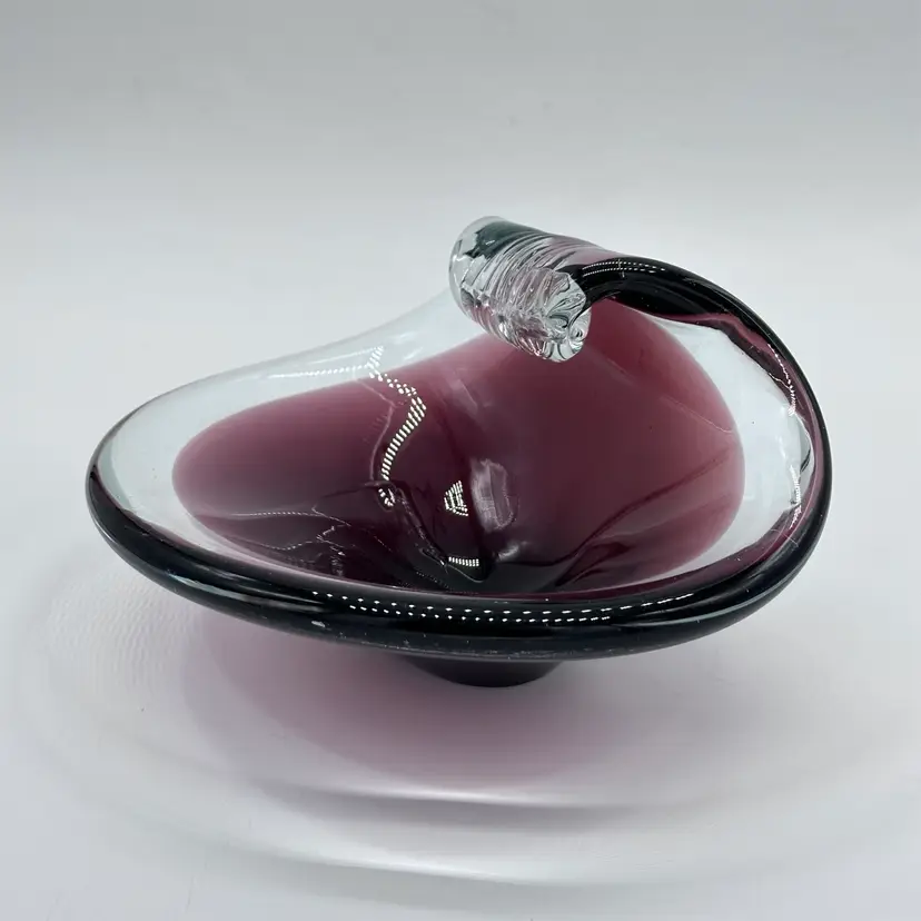 Vintage Art Glass Bowl Eggplant Purple Clear Hand Blown Curved Wave Design MCM
