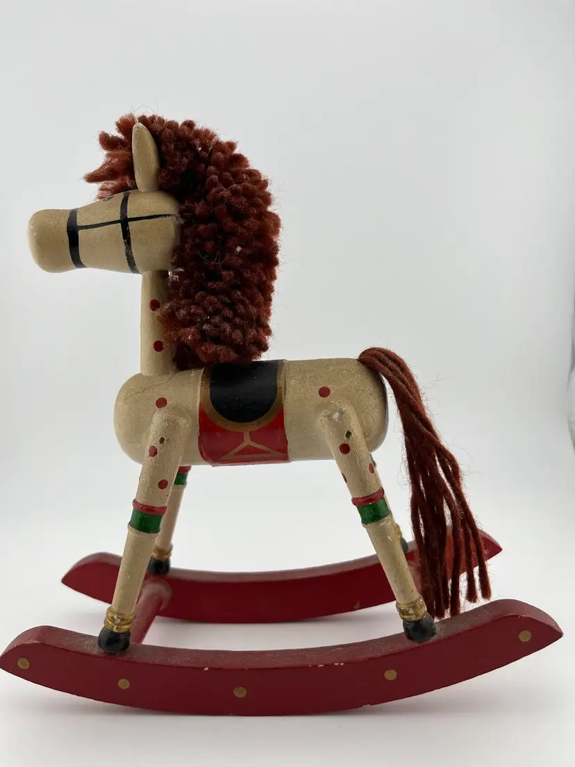 Ivory and Red Painted Wooden Rocking Horse Christmas Ornament/Figurine