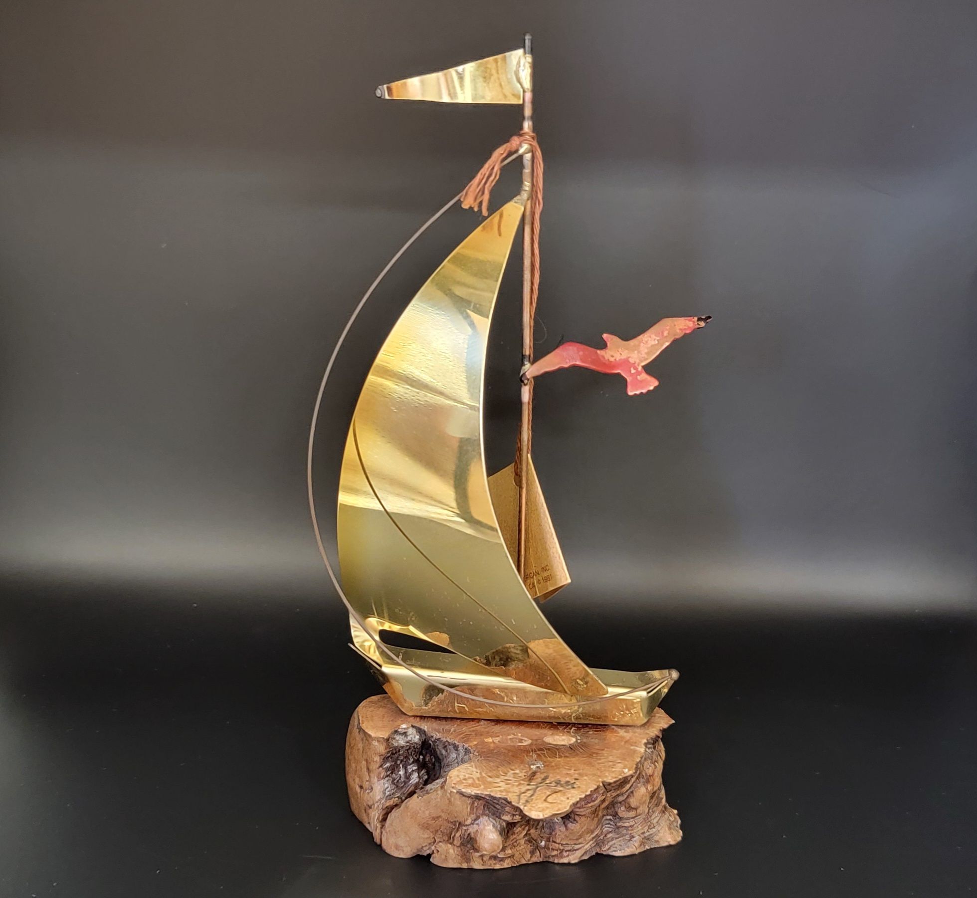 Niknax · Brass sailboat 1981 signed Yosi decor statue.