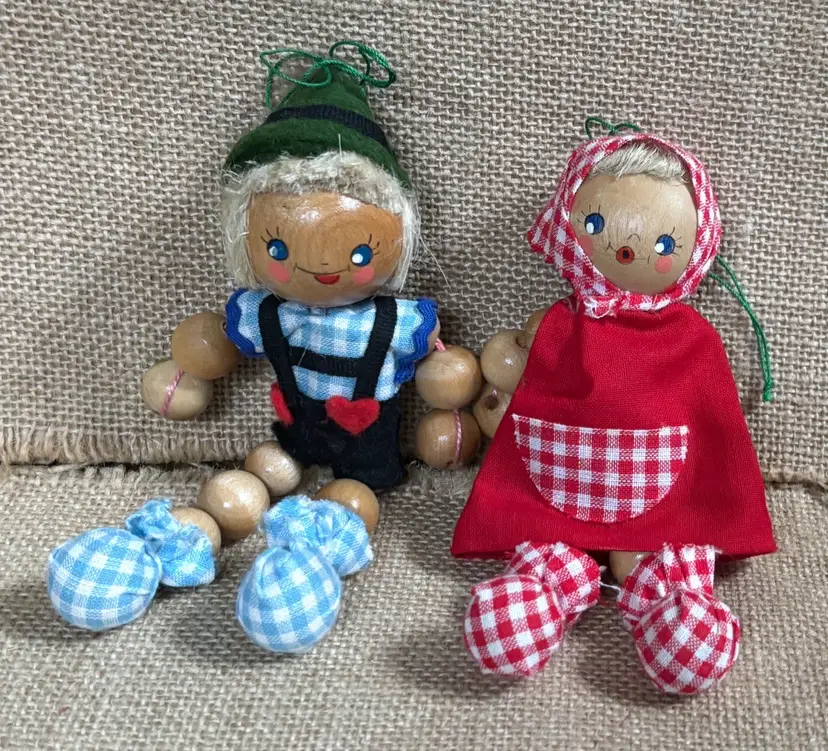 Vintage Bead Doll Ornament Set German Boy Girl Rustic Primitive Folk Art Holiday