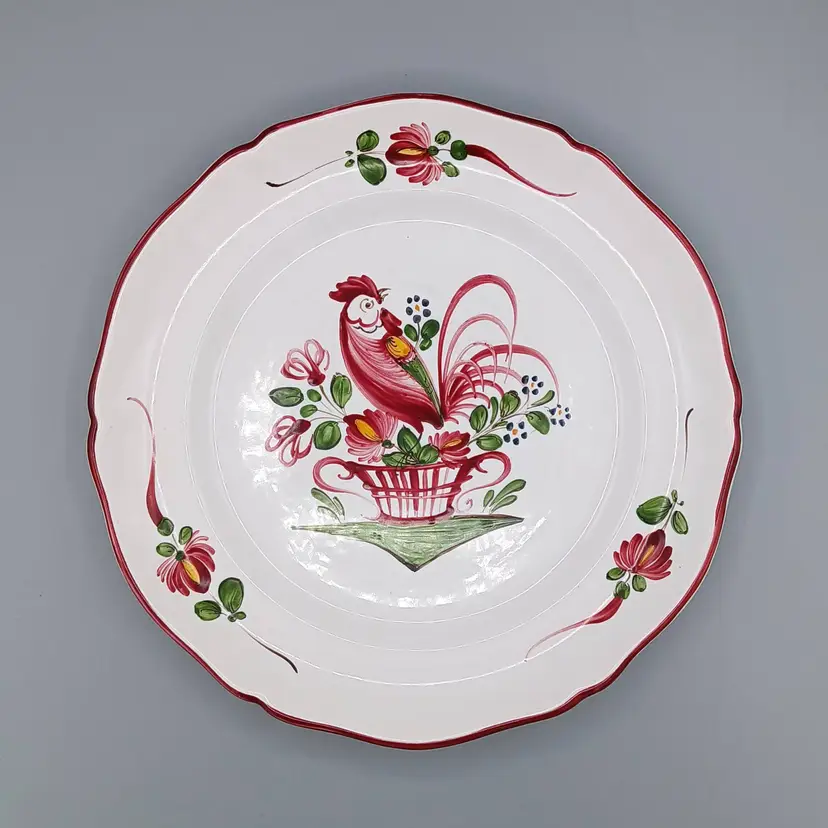 Vintage Fayencerie Augy Rooster Plate, Handmade in Rouen, Decorative French Pottery