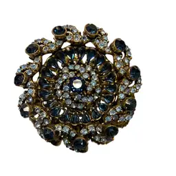 Medallion Style Brooch In Dark Blue And Light Blue Rhinestones.