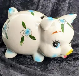 Vintage Big-Eyed Pig Ceramic Floral Piggy Bank Japan Hand Painted