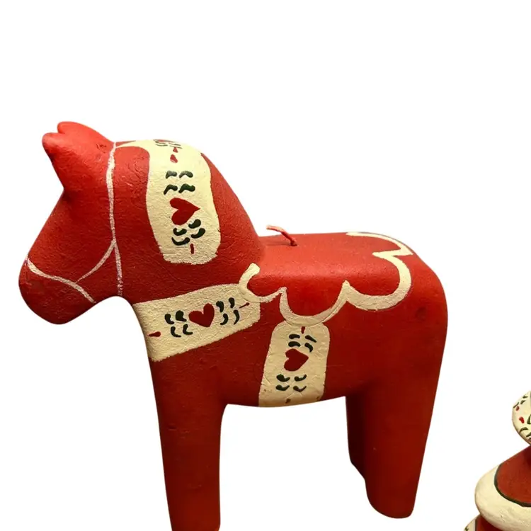 Set Of 2 Swedish Wax Candle Dala Style Hand painted Horse @ 6x5 1/2 And Christmas Tree @8x3