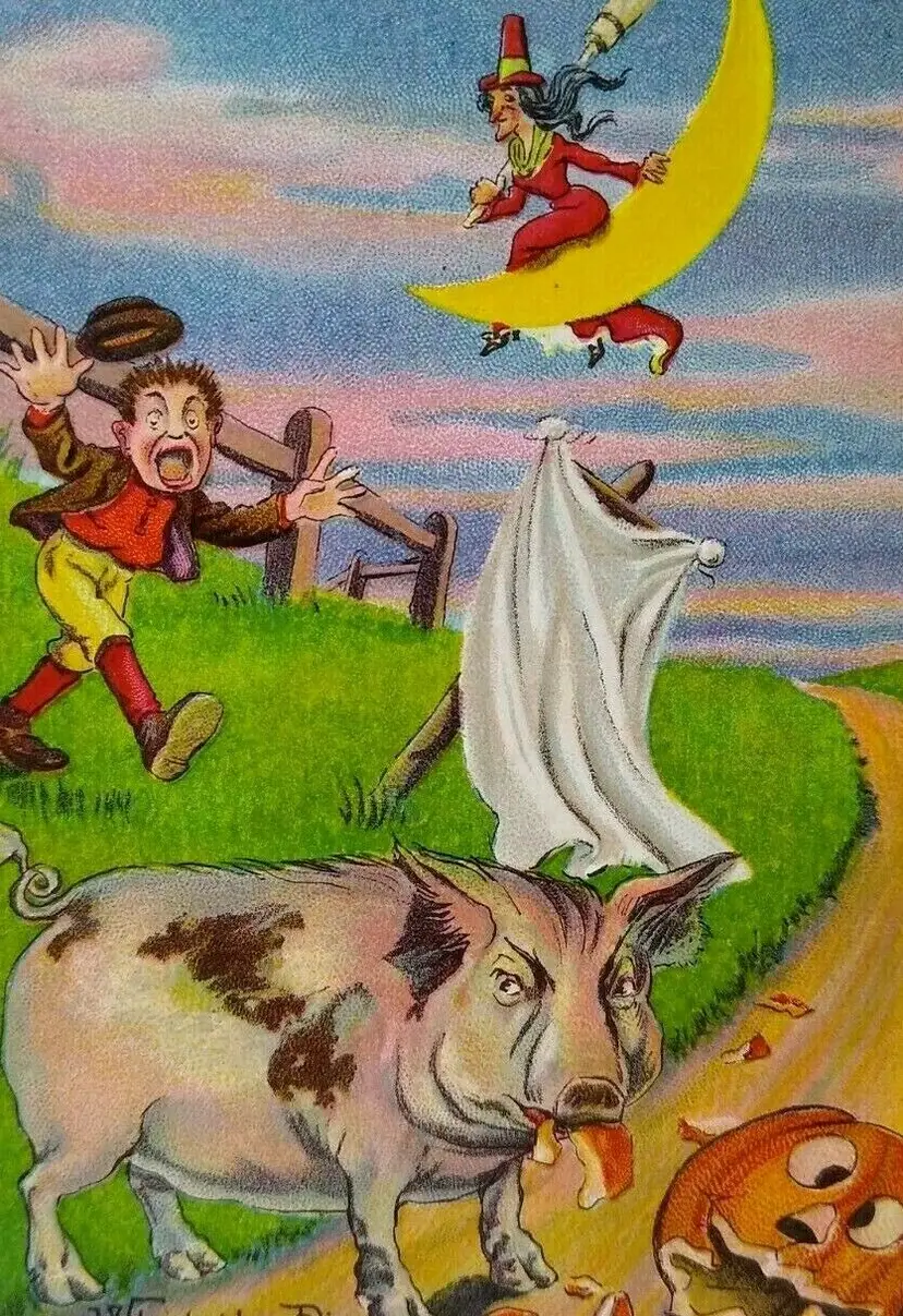 Halloween Postcard Fantasy Pig Eats Pumpkin Witch Moon Bien Julius Series 980