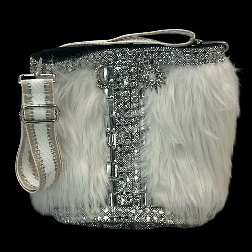 Extra Celestial! Faux Fur & Crystals Galore w Rhinestone Moon And Sun Embellishments. Crossbody Handbag. 10.5” Opening 10.5” Tall 5” Wide