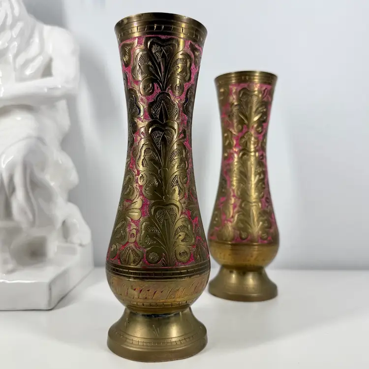 Pair ETCHED BRASS Bud VASES w/Pink Enameled Inlay VTG INDIA 70-80s BOHO Chic Era