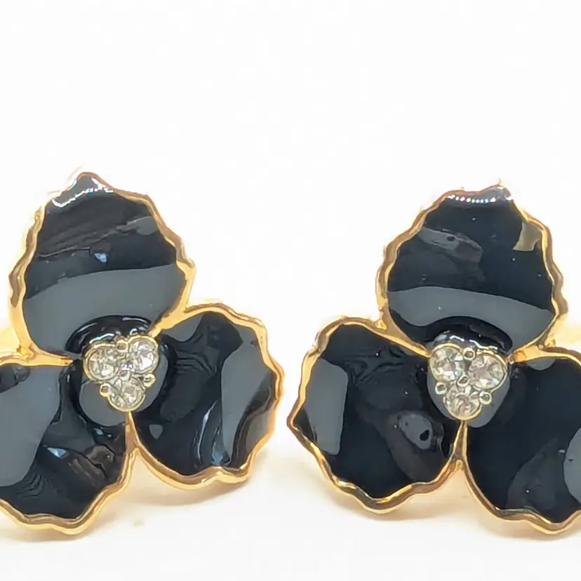 Vintage Gold Tone Black Enamel Rhinestone Center Flower Earrings