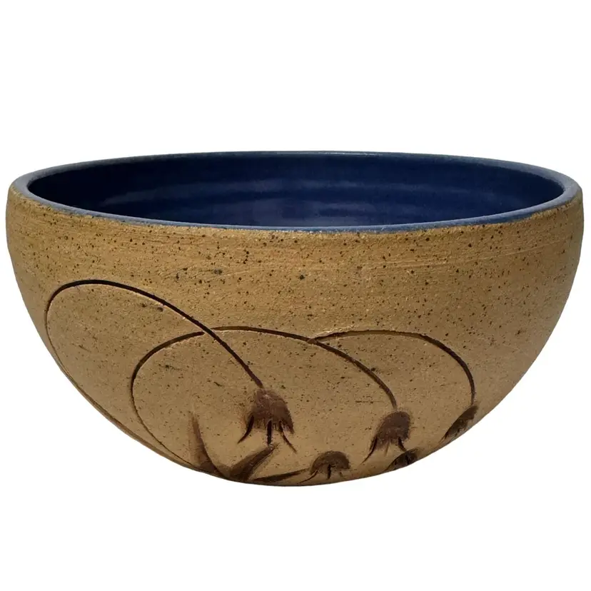 Studio Art Pottery Bowl Blue Glaze Interior Beige Etched Outer Signed 5.5”