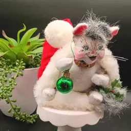 Vintage Annalee Christmas White Cat/Kitty in Santa's Hat 1990's No Tag