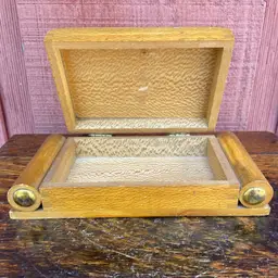 Lidded Wooden Box. 7”l x 3.5”d x 1.75”h. Beautiful Wood Grain. Metal Accents.